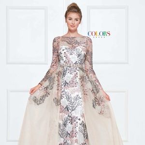 Stunning Embroidered Long Sleeve Gown with Gorgeous Overskirt